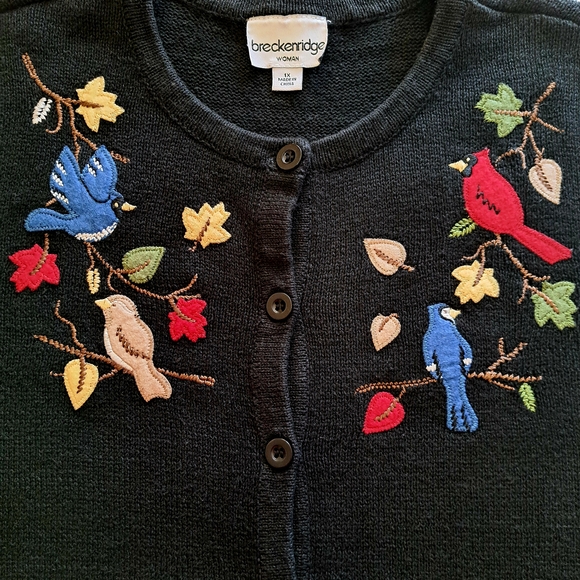 Breckenridge Black Cardigan 1X Cardinal Bluejay Cottage Core Vintage Embroidered - Picture 4 of 8